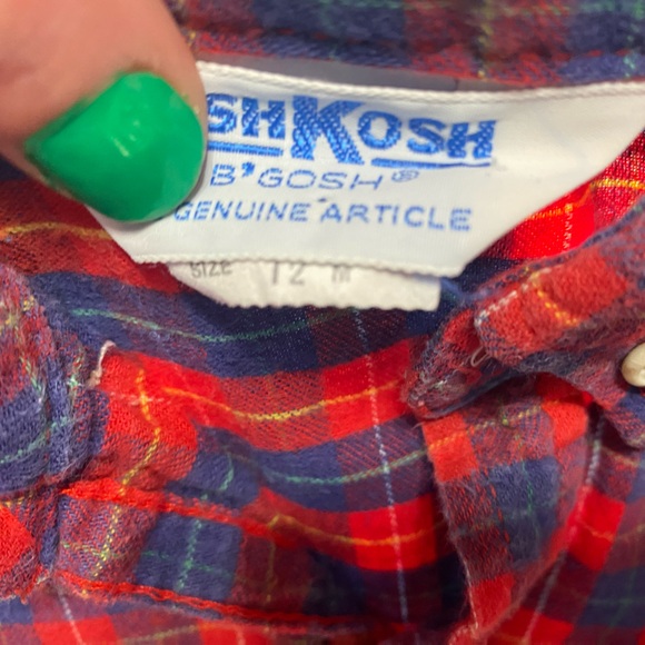 Vintage Osh Kosh Red Blue Plaid Flannel Button Down Shirt Winter Size 12 Month - Picture 3 of 8